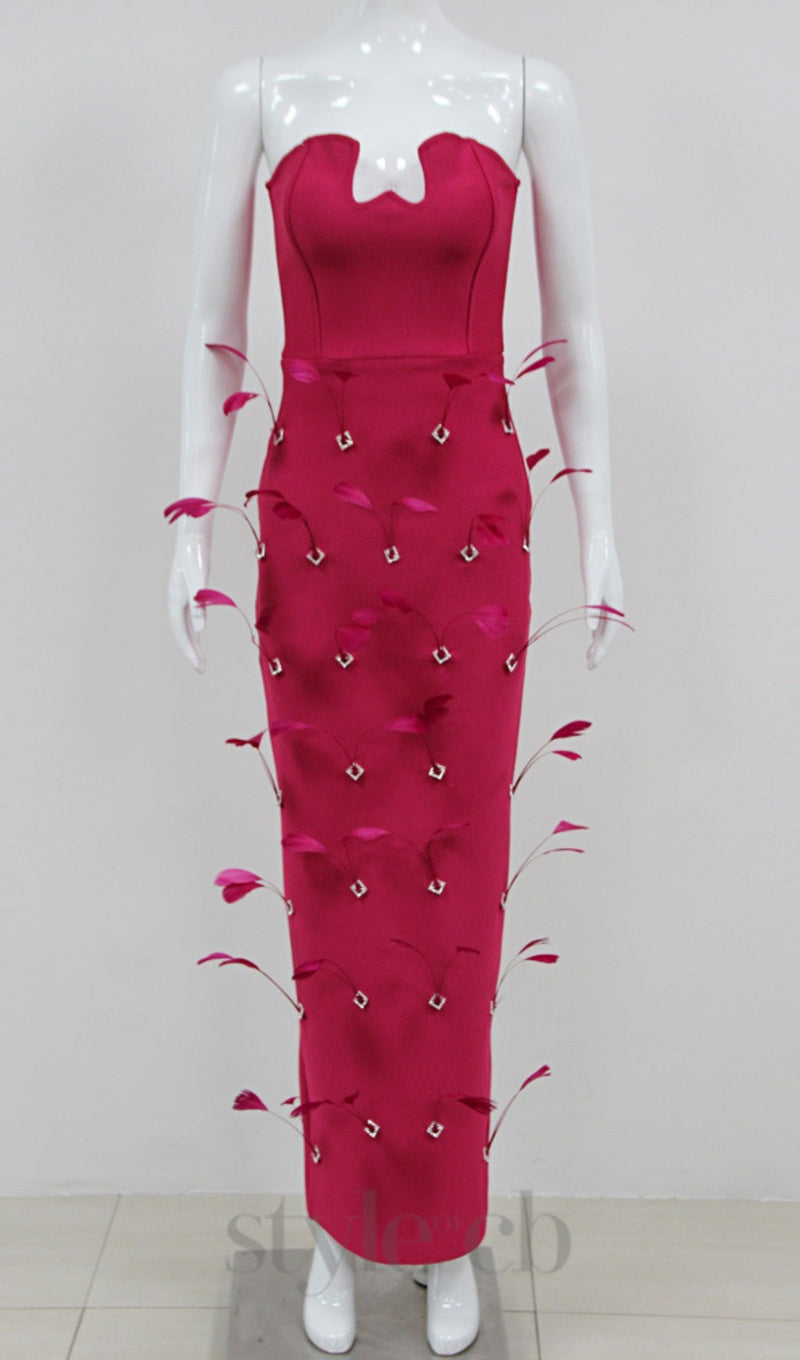 FEATHER BANDAGE MAXI DRESS IN ROSE RED