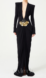 Black Stretchy Gold Flower Embroidered V-Neck Long Sleeved Maxi Dress