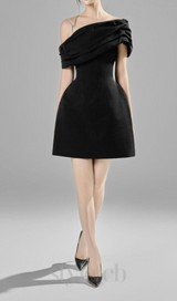 ELLEN ASYMMETRIC NECK TAFFETA MINI DRESS IN BLACK