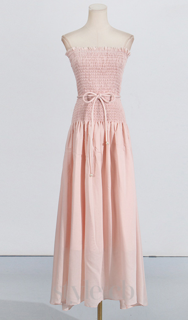 pleated belt chiffon strapless maxi dress in pale pink