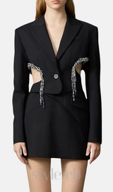 crystal-embellished cut out blazer dress in black