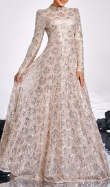 Long Sleeve Lace Back Sequin maxi Dress in gold