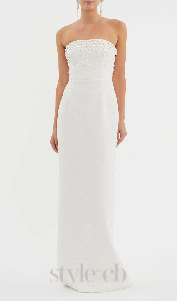 pearl-embellished strapless gown in white