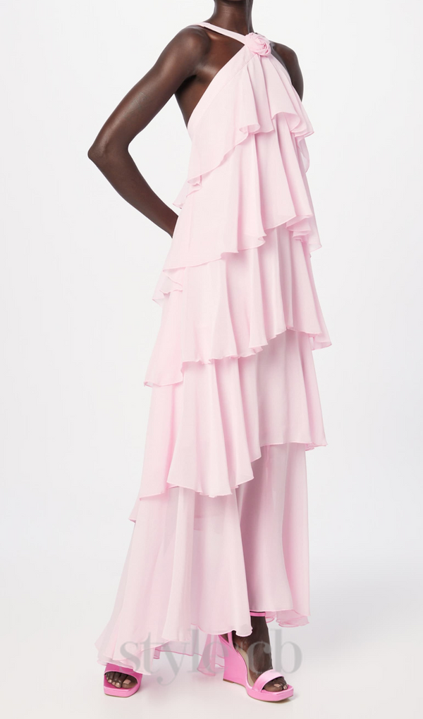 layer-embellished Neckholder maxi dress in pink