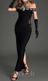 Palanee Halter Diamond Bodycon Dress With Gloves