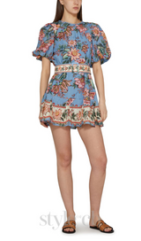 AMELIA BOUQUET PRINT MINI DRESS IN BLUE