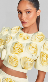 3D FLOWER BUBBLE SLEEVE TOP SKIRT SUIT IN YELLOW