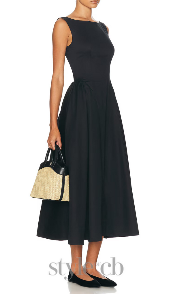 Stretch Cotton Sateen Midi Dress in black