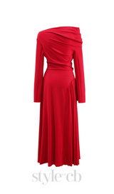 ALBERTA RED ONE SHOULDER SLIT PLEATED MAXI DRESS