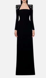 crystal-embellished black long sleeve maxi dress