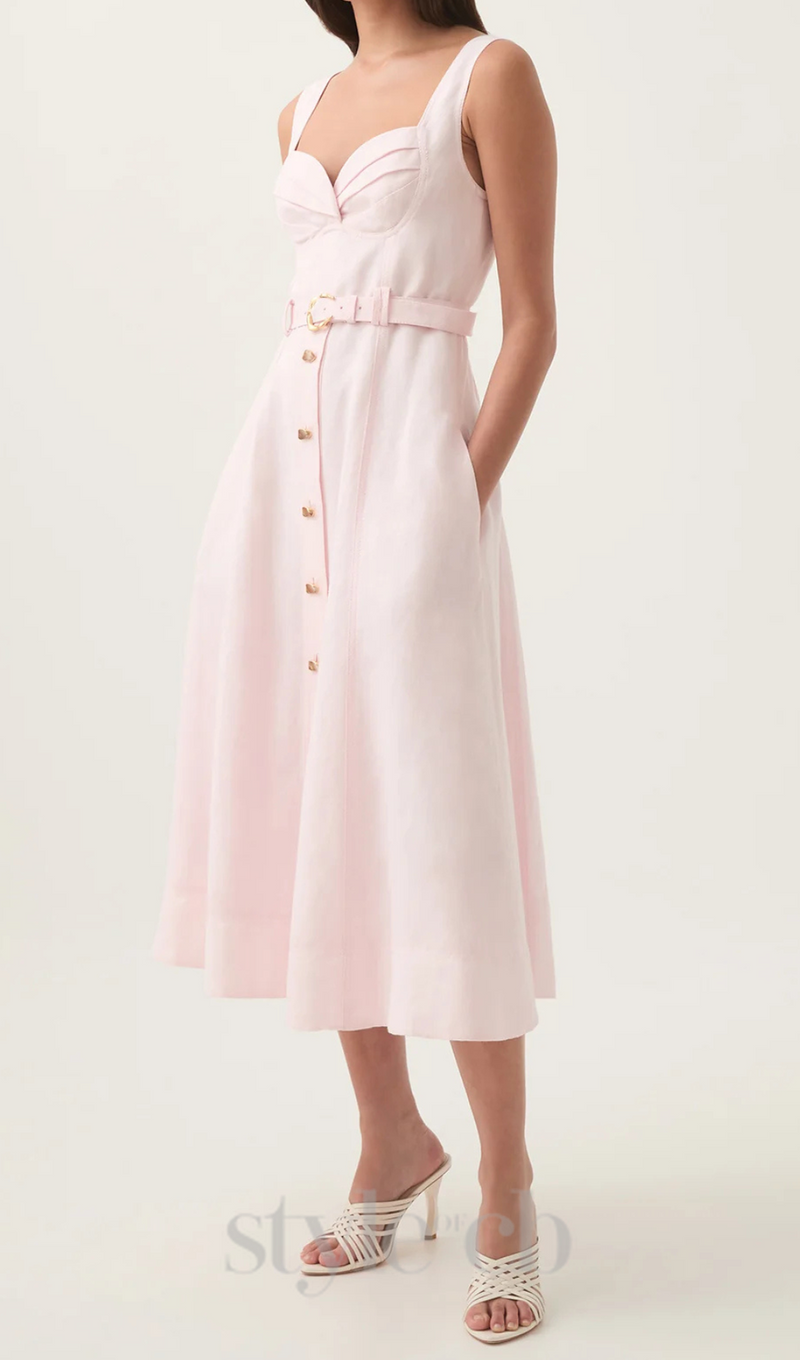 sweetheart neckline belted midi dress in pink