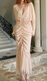 pearl embellished ruched apricot maxi dress