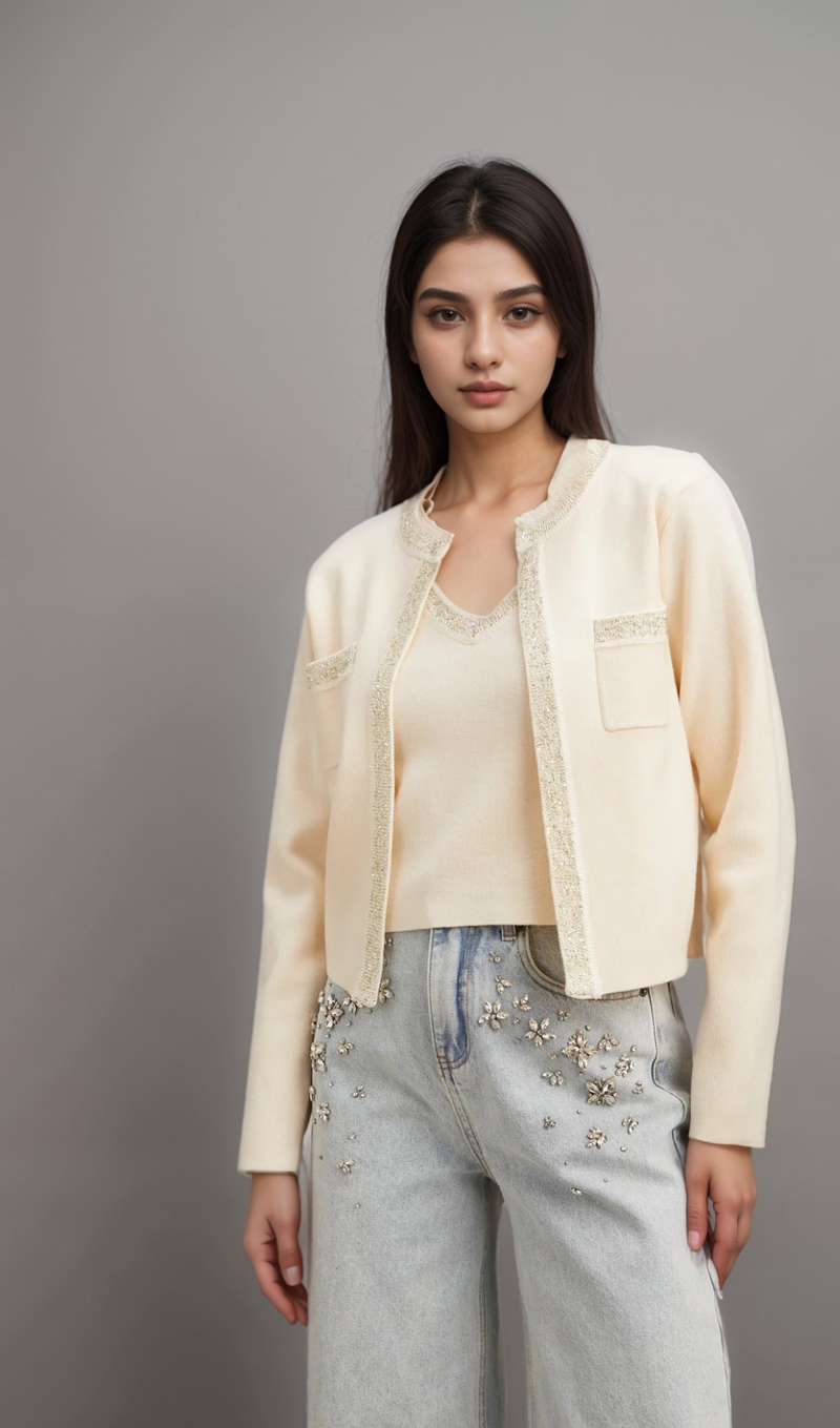 Celia white sequined fine-knit cropped top