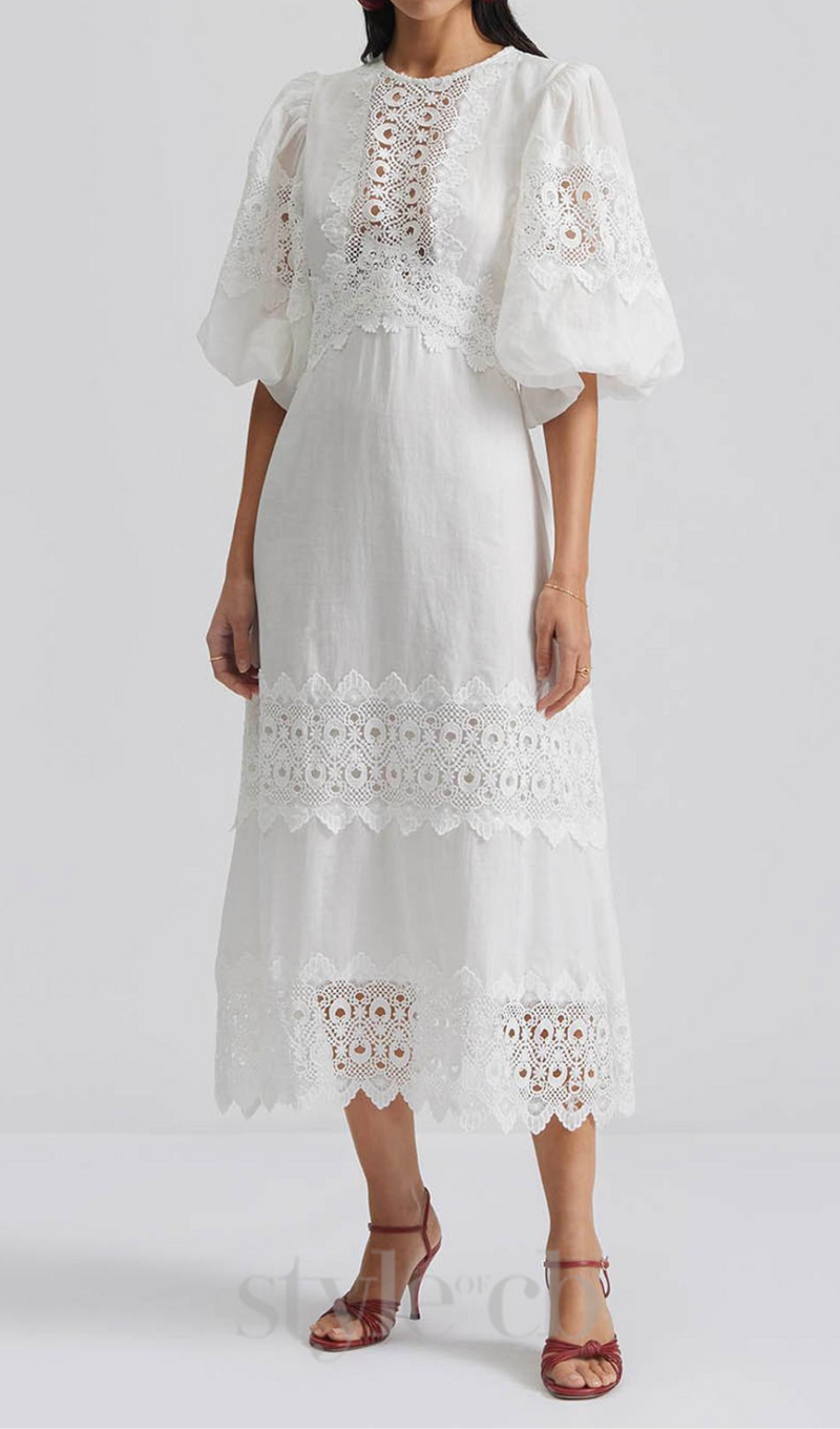 HAZEL WHITE EMBROIDERED ROUND NECK PUFF SLEEVE MIDI DRESS