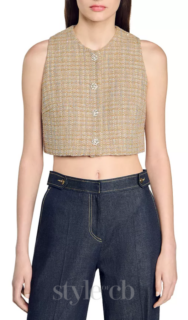 Javier Tweed Crop Top in camel