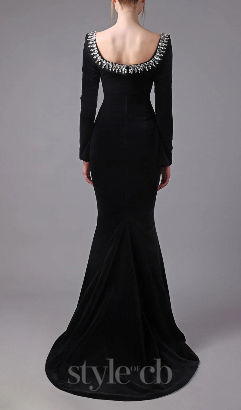 black crepe gown with crystal neckline