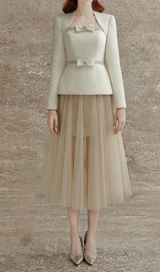 tweed jacket tulle skirt suit in apricot