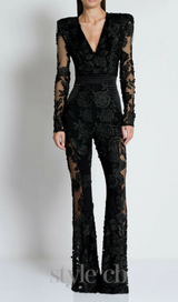 diamond three-dimensional flower jumpsuit in black