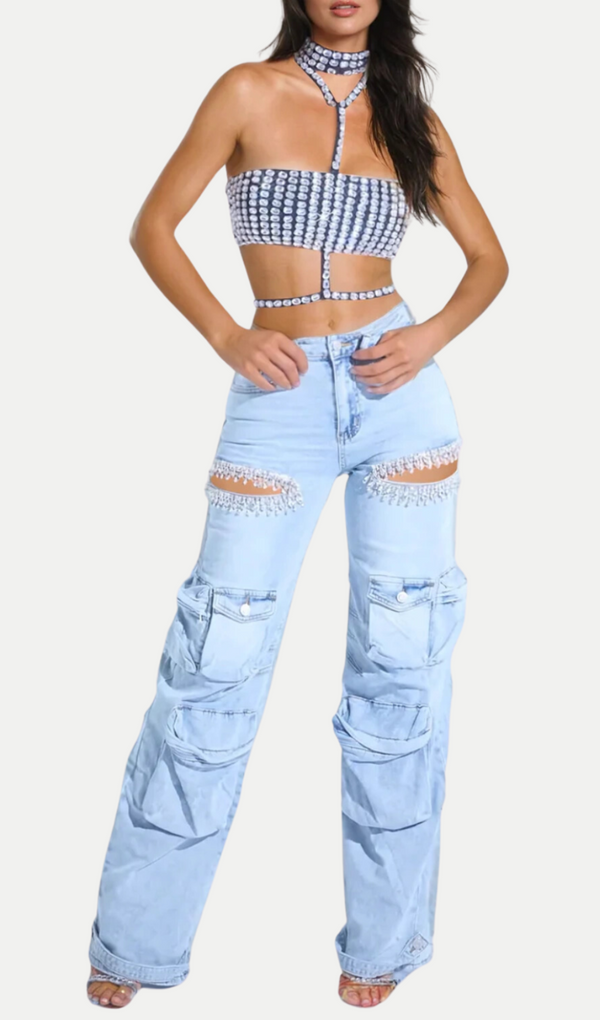 Rhinestone Cutout Cargo Jeans in Blue