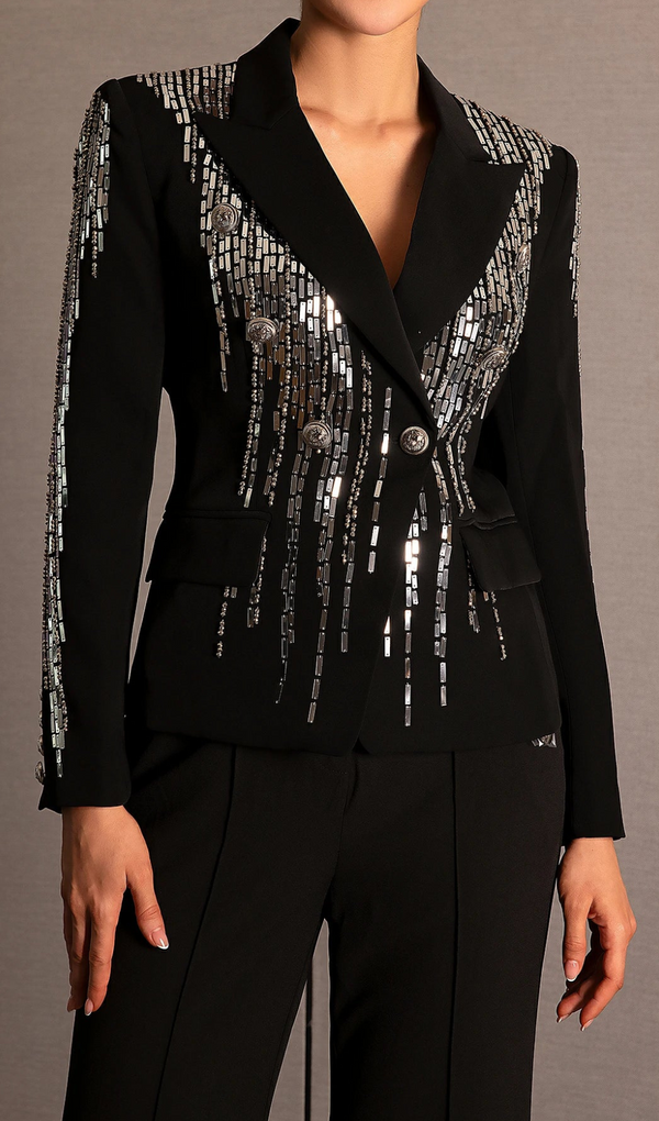 Faidra Rhinestone Double Breasted Lapel Blazer in black