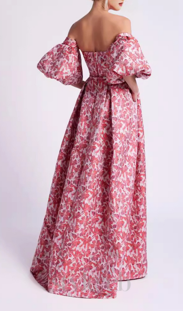 peach Printed Lantern Sleeve Maxi Dress