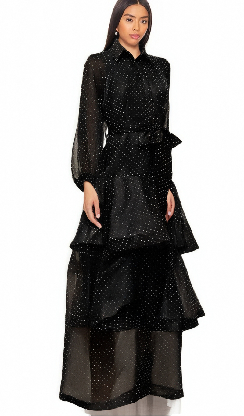 Clémence black polka-dot tiered midi dress