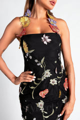 Halter Embroider Floral midi Dress in black