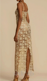 AGNES GOLD LACE CROCHET CUTOUT MIDI DRESS