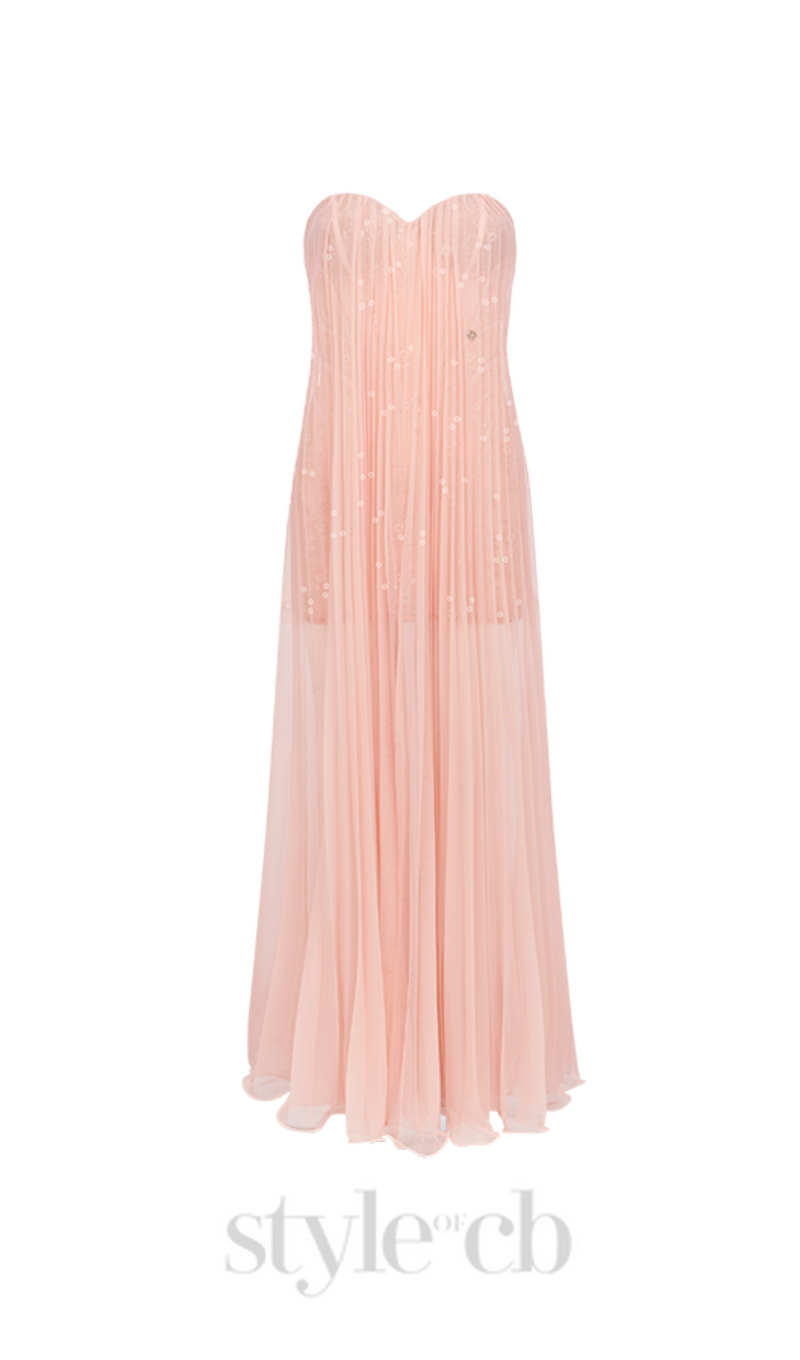 Thea Strapless Mesh Backless maxi Dress in pink