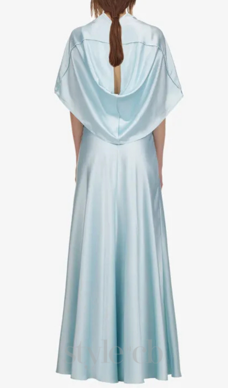 Glossy Silk Twill Satin Cape Maxi Dress in pale blue