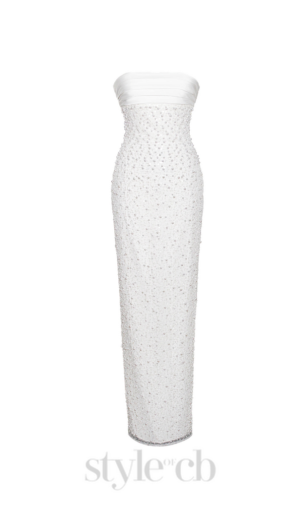 WHITE SATIN SEQUIN PEARLS BEADED MAXI DRESS