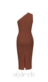 ONE SHOULDER SLIT MIDI DRESS IN brown