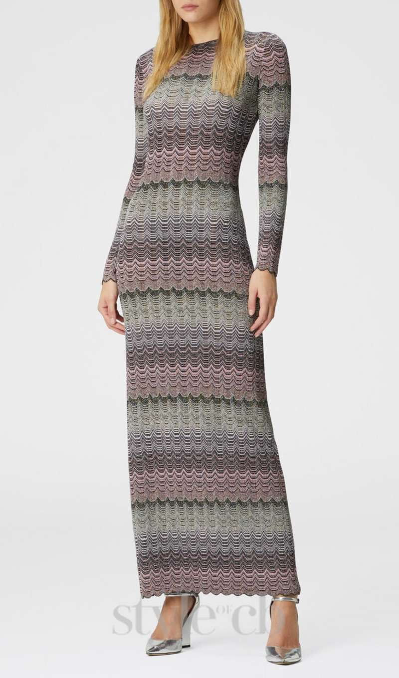 multicolor maxi dress with lamé greek motif