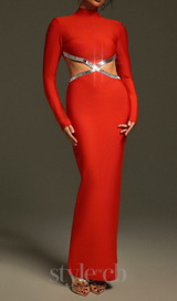 baguette crystals side cutouts embroidered Red crêpe maxi dress