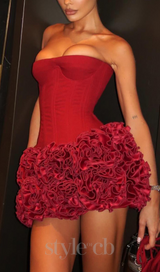 ANGELA RED FLOWER-TRIM EMBELLISHED STRAPLESS MINI DRESS