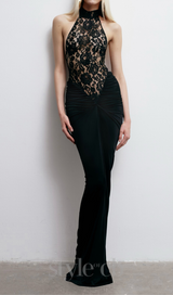 carol black halter maxi dress with lace bodice