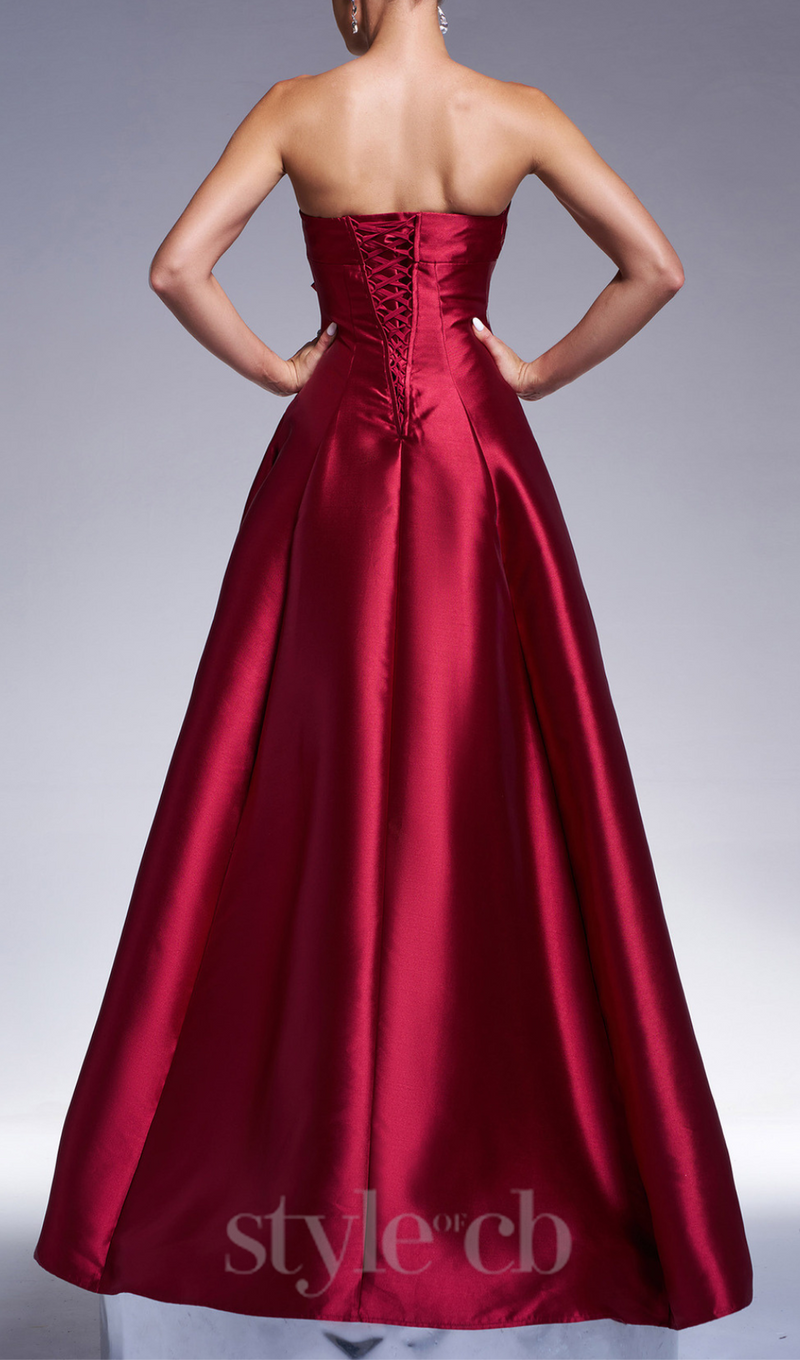 bow satin maxi dress in burgundy