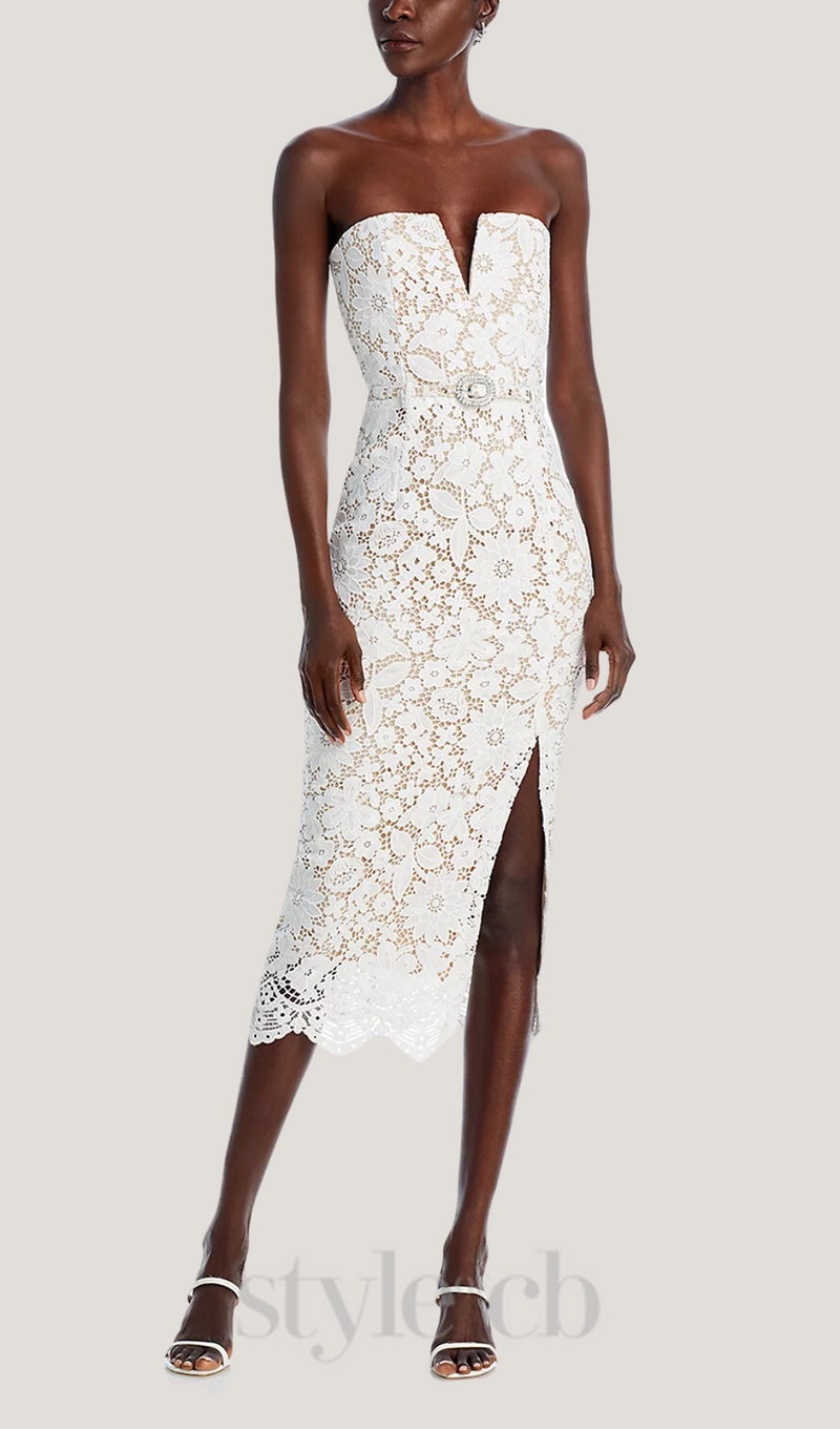 Milette v-neck Lace midi Dress in white