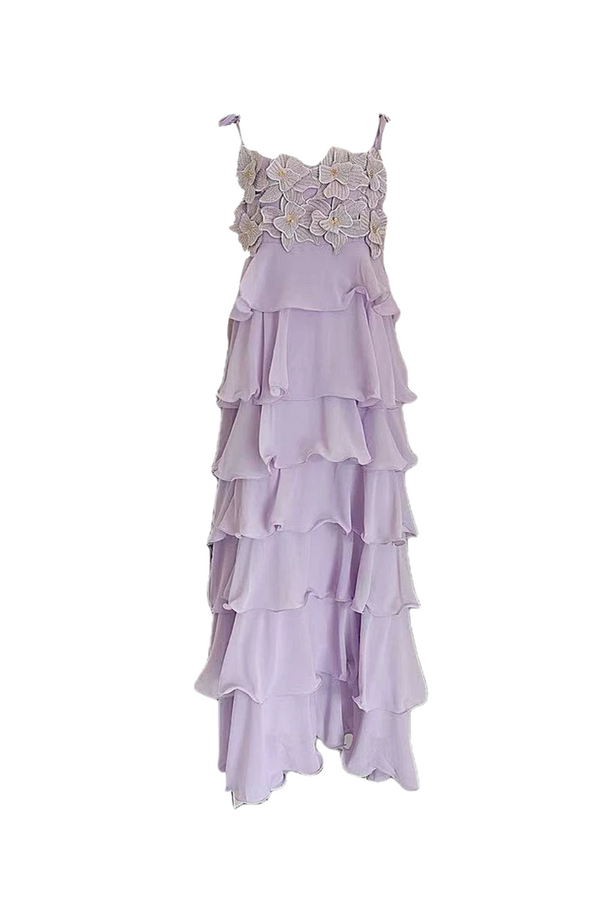 stacey sequined 3d-petal tiered maxi dress in purple