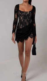 long sleeve lace corset draped mini dress in black