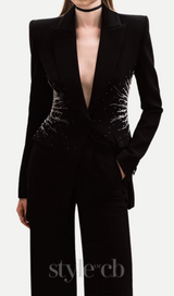 black Beaded diamond-encrusted blazer trousers set