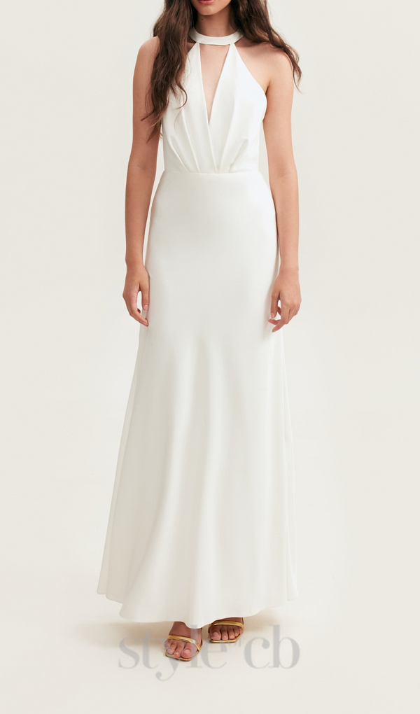 RACHEL WHITE HALTER SATIN BACK CUTOUT MAXI DRESS