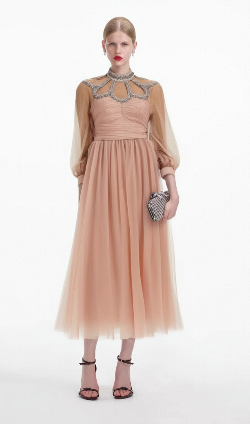 Calixte pink embellished tulle midi dress