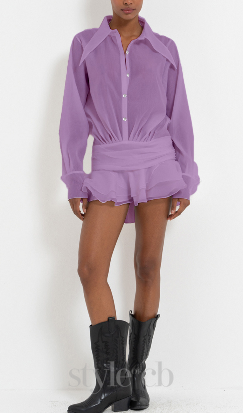 EMBER RUCHED RUFFLE MINI DRESS IN PURPLE