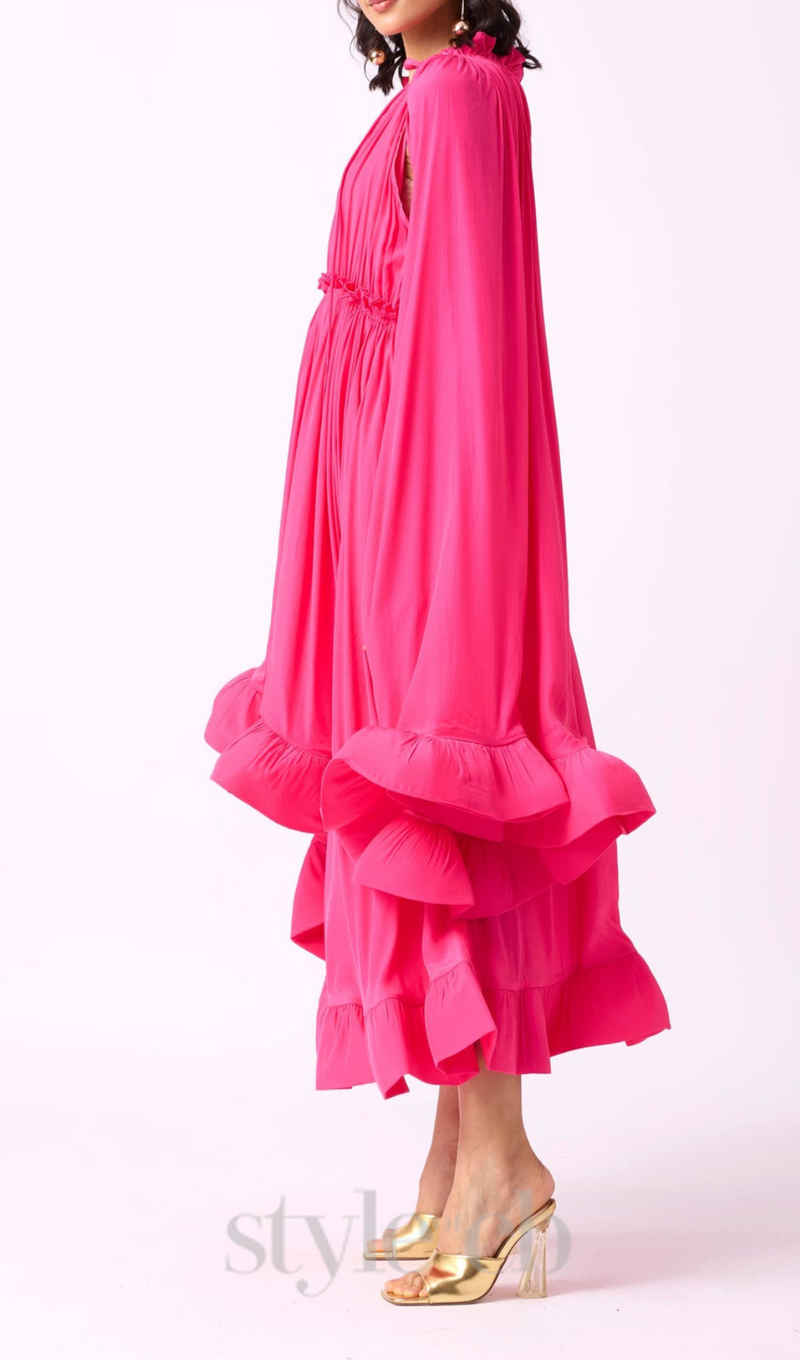 RUFFLE TRIM MAXI DRESS IN ROSE RED