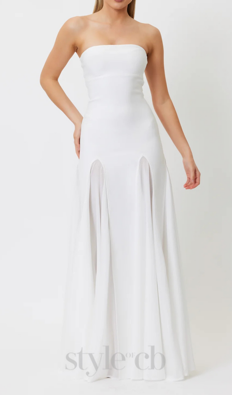 pleated trim strapless maxi dress in white