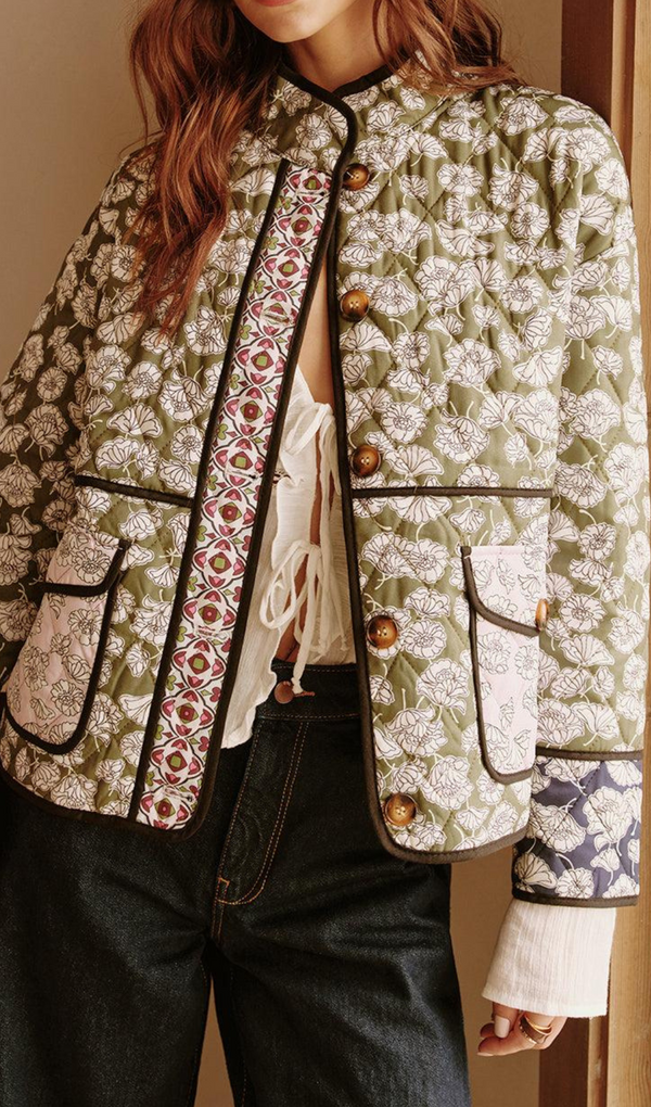 multicolor Floral Pocket Quilted Coat