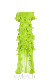 DORA GREEN OFF-SHOULDER PLEATED ORGANZA MAXI DRESS