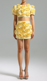 3D FLOWER BUBBLE SLEEVE TOP SKIRT SUIT IN YELLOW