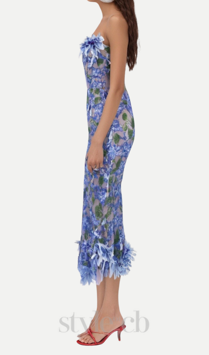 3D flower embroidery strapless midi dress in blue